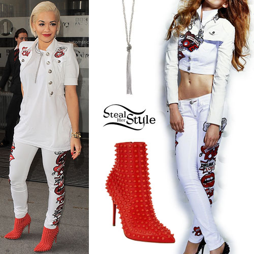 Rita Ora: Sequin Lips Jeans, Red Spike Boots
