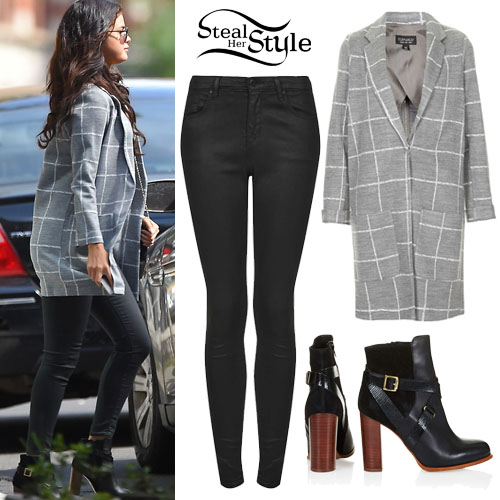 Selena Gomez: Check Print Coat, Coated Jeans | Steal Her Style