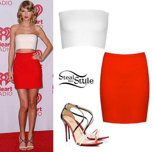 Taylor Swift: White Bandeau, Red Bodycon Skirt