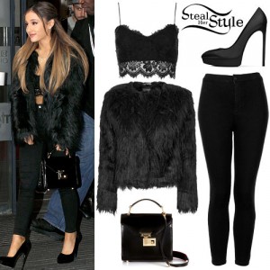 Ariana Grande: Lace Bralet, Fur Jacket | Steal Her Style