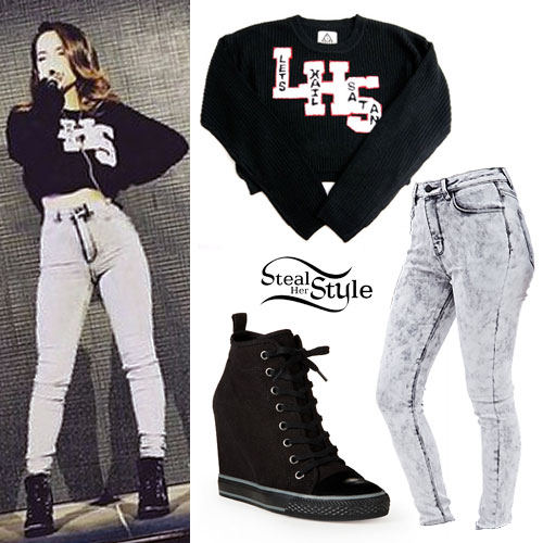 Becky G: LHS Cropped Sweater, Bleached Jeans