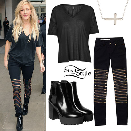 Ellie Goulding: Zipper-Front Jeans, Shiny Boots