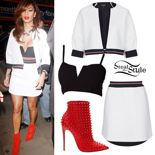 Nicole Scherzinger: White Bomber Jacket & Skirt