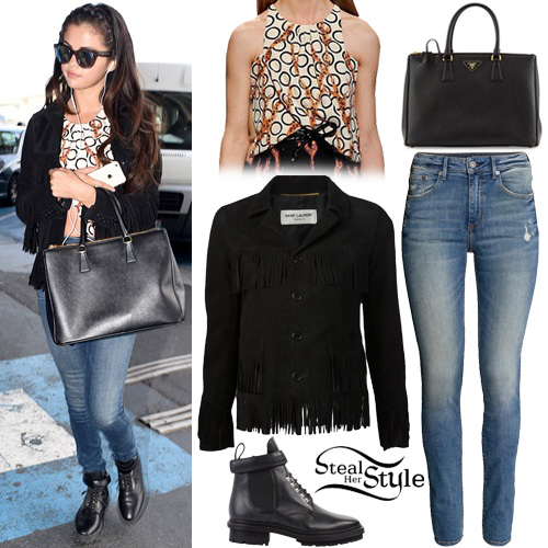 Selena Gomez: Printed Top, Fringed Jacket | Steal Her Style