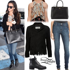 Selena Gomez: Printed Top, Fringed Jacket | Steal Her Style