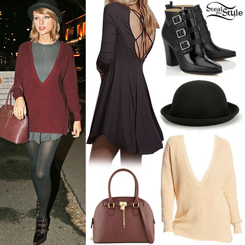 Taylor Swift Wears $150 Outfit of Plaid Dress, Maroon Handbag: Photos