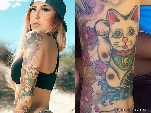 Allison Green Lucky Cat Upper Arm Tattoo | Steal Her Style