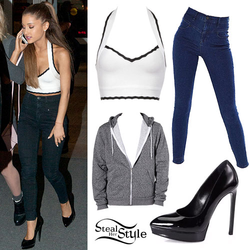 Ariana Grande: White Halter Top, Seamed Jeans
