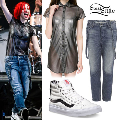 Hayley Williams: Silver Shirt, Suspender Jeans