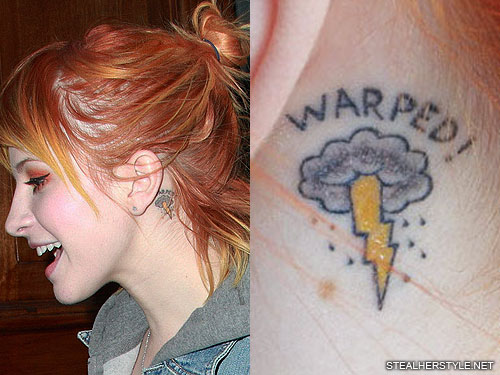 Hayley Williams Clouds, Lightning Bolt, Writing Behind Ear Tattoo | Steal  Her Style