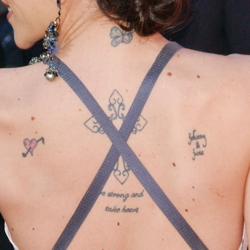 Jessica Harp Butterfly, Cross, Heart, Music Notes, Name, Writing Neck,  Upper Back Tattoo | Steal Her Style