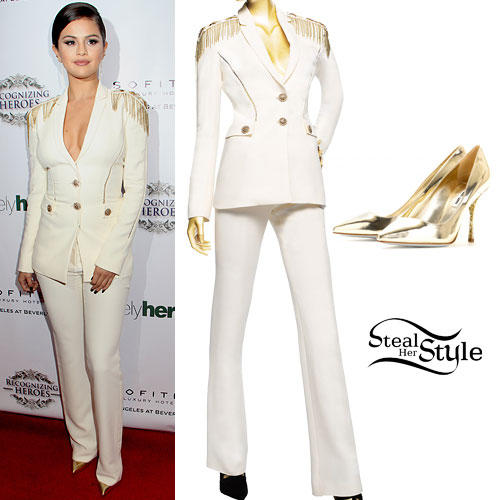 Selena Gomez: Cream Suit, Gold Pumps