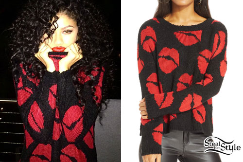 Zendaya: Black & Red Lips Print Sweater