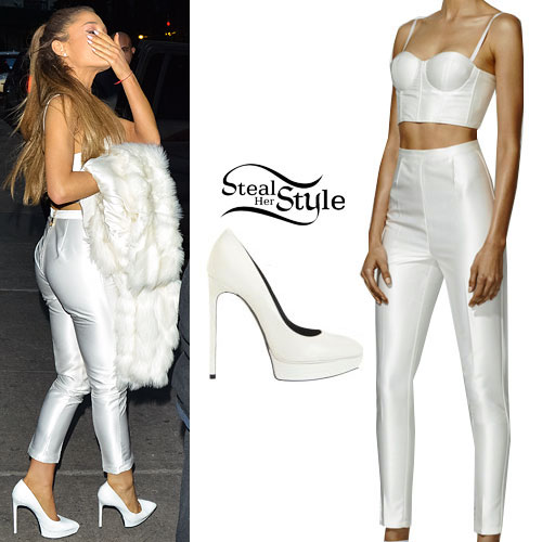 Ariana Grande: White Pants & Bralet Outfit