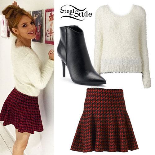 Bella Thorne: Fuzzy Sweater, Houndstooth Skirt