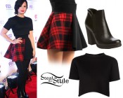 Demi Lovato: Black Crop Tee, Tartan Skirt | Steal Her Style