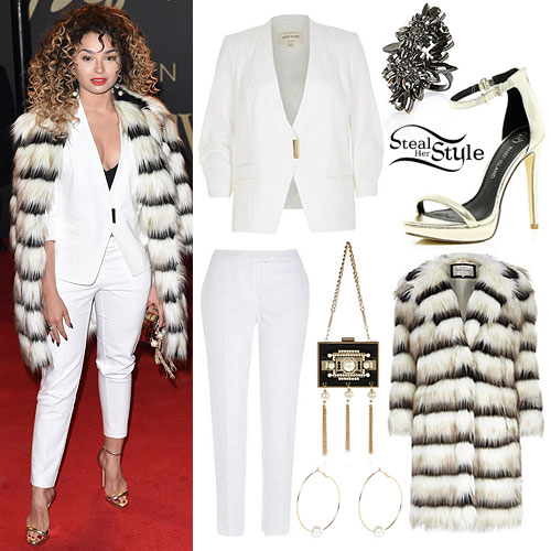Ella Eyre: Striped Fur Coat, White Suit