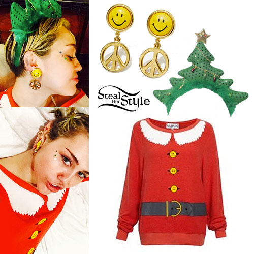 Miley Cyrus: Santa Sweater, Smiley Earrings