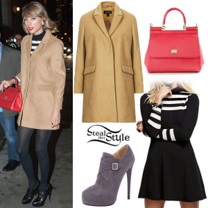 Taylor Swift: Camel Coat, Stripe Dress | Steal Her Style