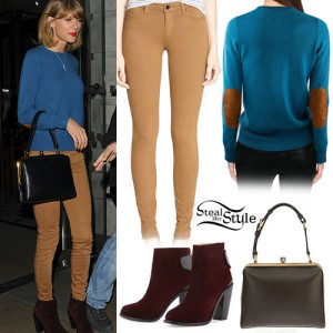 Taylor Swift: Elbow Patch Sweater, Tan Jeans | Steal Her Style