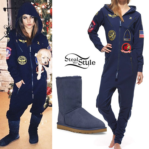 Becky G: Military Patch Jumpsuit, Navy Boots