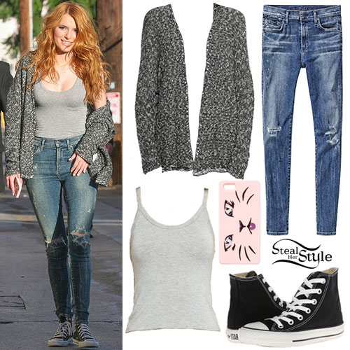 Bella Thorne: Speckled Cardigan, Ripped Jeans