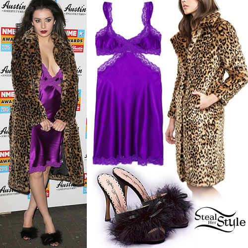 Charli XCX: Purple Silk Gown, Leopard Coat
