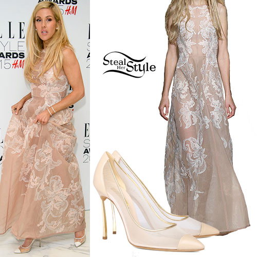 Ellie Goulding: Embroidered Gown, Mesh Pumps