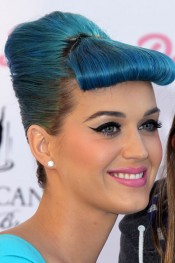 Katy Perry Straight Blue Blunt Bangs, French Twist, Uneven Color, Updo ...