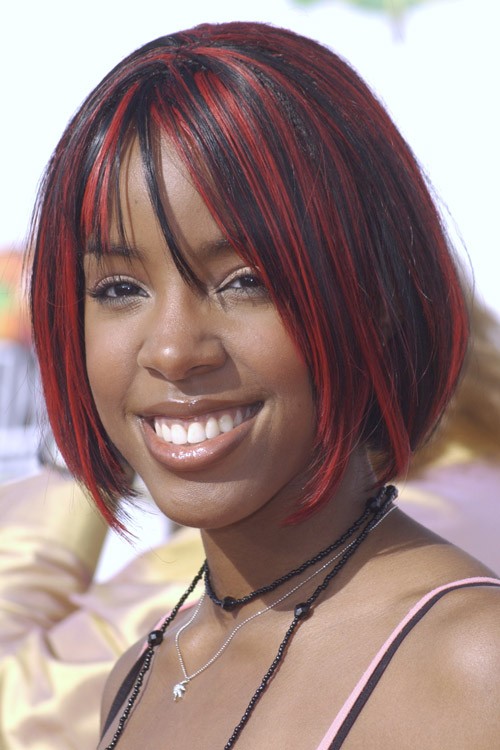 Kelly Rowland Straight Black All-Over Highlights, Bob, Peek-A-Boo Highlights, Thin Bangs Hairstyle | Her