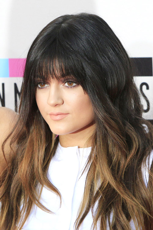 Kylie Jenner Wavy Dark Brown Angled, Curved Bangs, Ombré 
