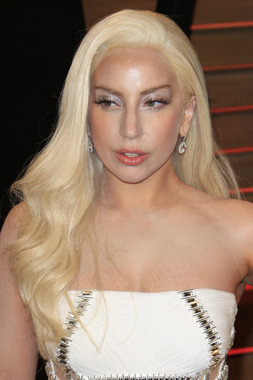 Lady Gaga Wavy Platinum Blonde Faux Sidecut, Side Part Hairstyle ...