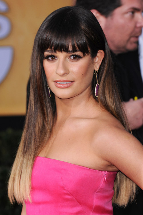 Lea Michele Straight Medium Brown Curved Bangs, Flat-Ironed, Ombré Hairstyl...