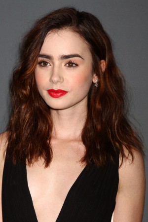 Lily Collins Wavy Medium Brown Loose Waves Hairstyle | Steal Her Style