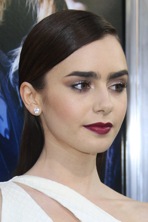 Lily Collins Straight Dark Brown Flat-Ironed, Slicked Back Hairstyle ...