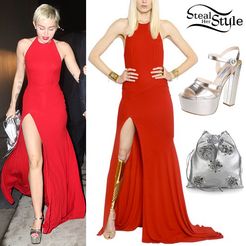 Miley Cyrus: Red Dress, Silver Platform Sandals