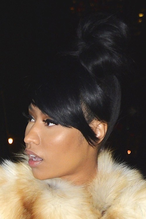 Nicki Minaj Straight Black Bun Sideswept Bangs Updo Hairstyle