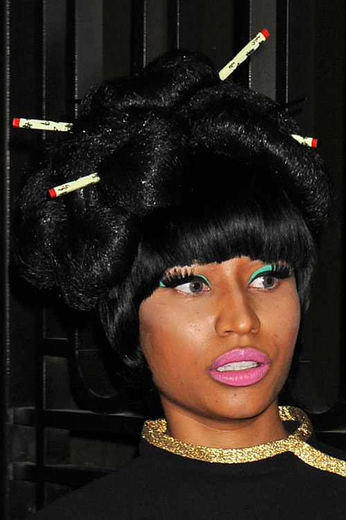 Nicki Minaj Straight, Teased Black Curved Bangs, Updo, Wig 