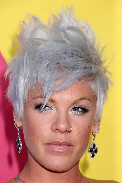 Pink Straight Silver Choppy Layers, Messy, Mohawk, Uneven 