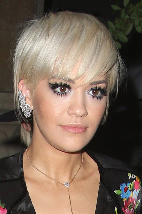 Rita Ora Straight Platinum Blonde Choppy Layers, Pixie Cut Hairstyle ...