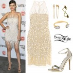 Victoria Justice: Jewel Dress, Gold Sandals