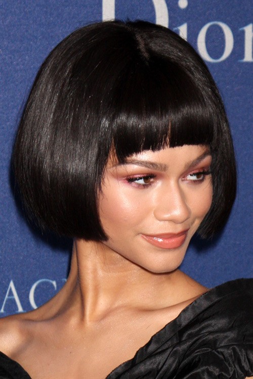Zendaya Straight Black Bob, Curved Bangs Hairstyle | Steal Her Style