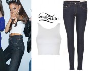Ariana Grande: White Crop Top, High-Rise Jeans | Steal Her Style