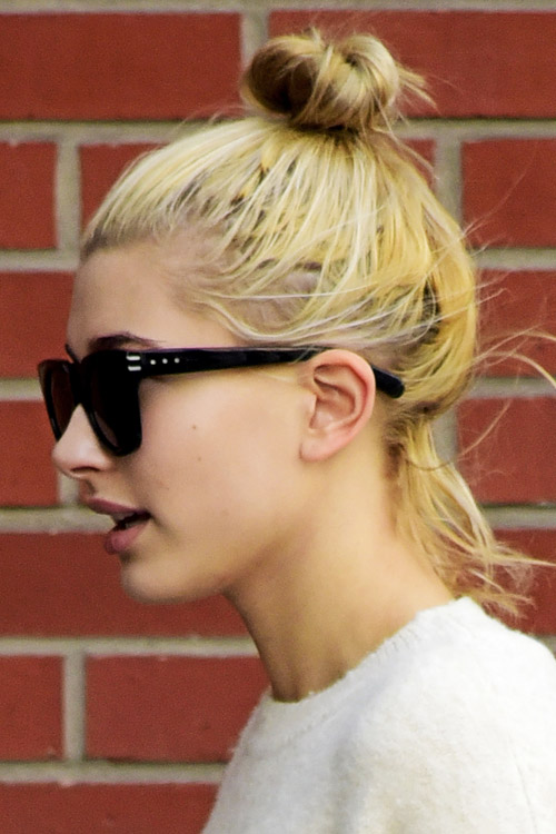 Hailey Baldwin Straight Golden Blonde Bun Hairstyle 