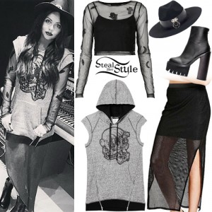 Jesy Nelson: Sleeveless Hoodie, Mesh Skirt | Steal Her Style