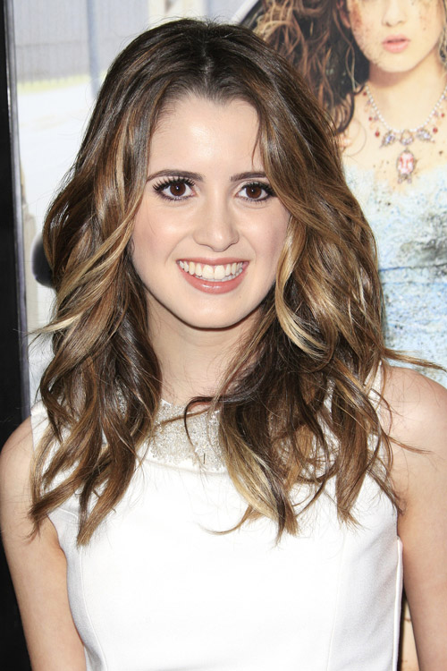 Laura Marano Wavy Medium Brown All-Over Highlights, Angled Hairstyle ...