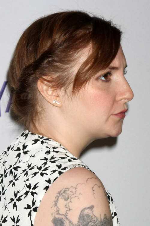 Lena Dunham Straight Medium Brown Sideswept Bangs Updo Hairstyle Steal Her Style 7390