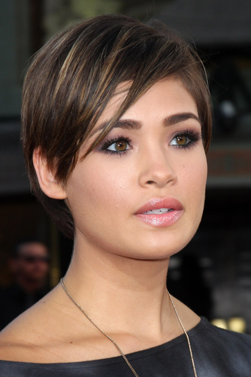 Nicole Anderson Straight Dark Brown Peek-A-Boo Highlights, Sideswept ...