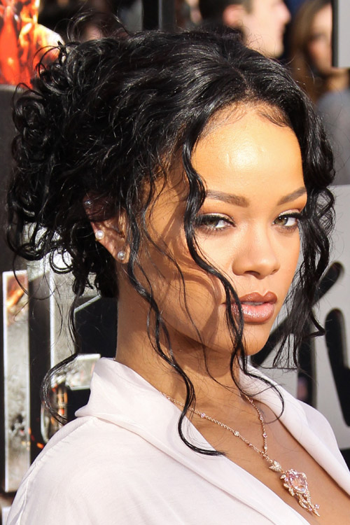 Rihanna Wavy Black Face-Framing Pieces, Updo Hairstyle | Steal Her Style