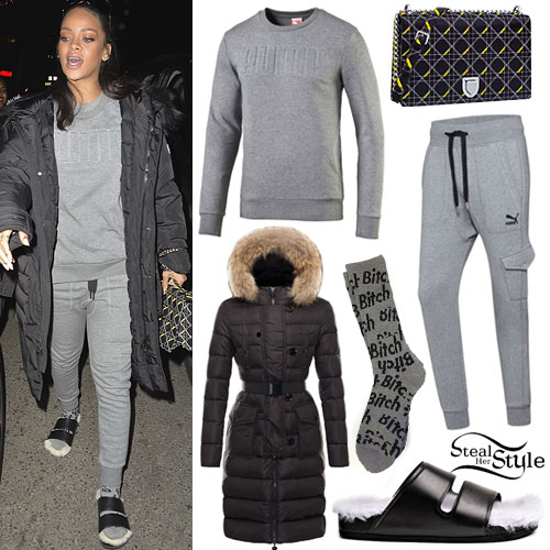 Rihanna: Gray Sweats, Fur Sandals